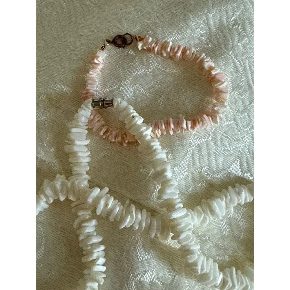 Vintage 1990s Pink & White Puka Shell Chip Necklace and Bracelet Anklet chipped